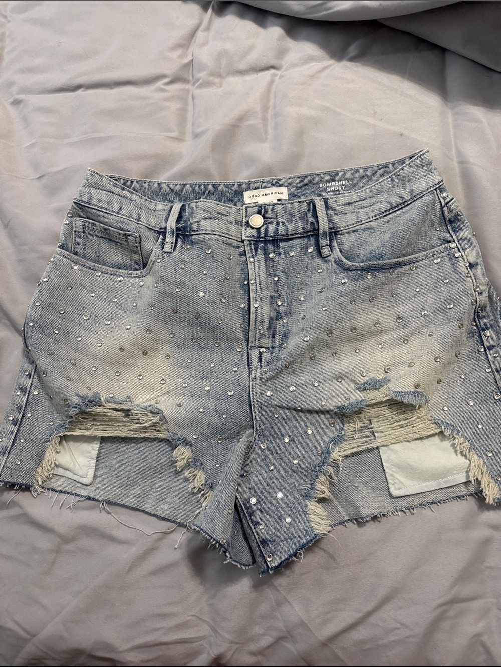 Good American Light Blue Studded Distressed Denim Shorts